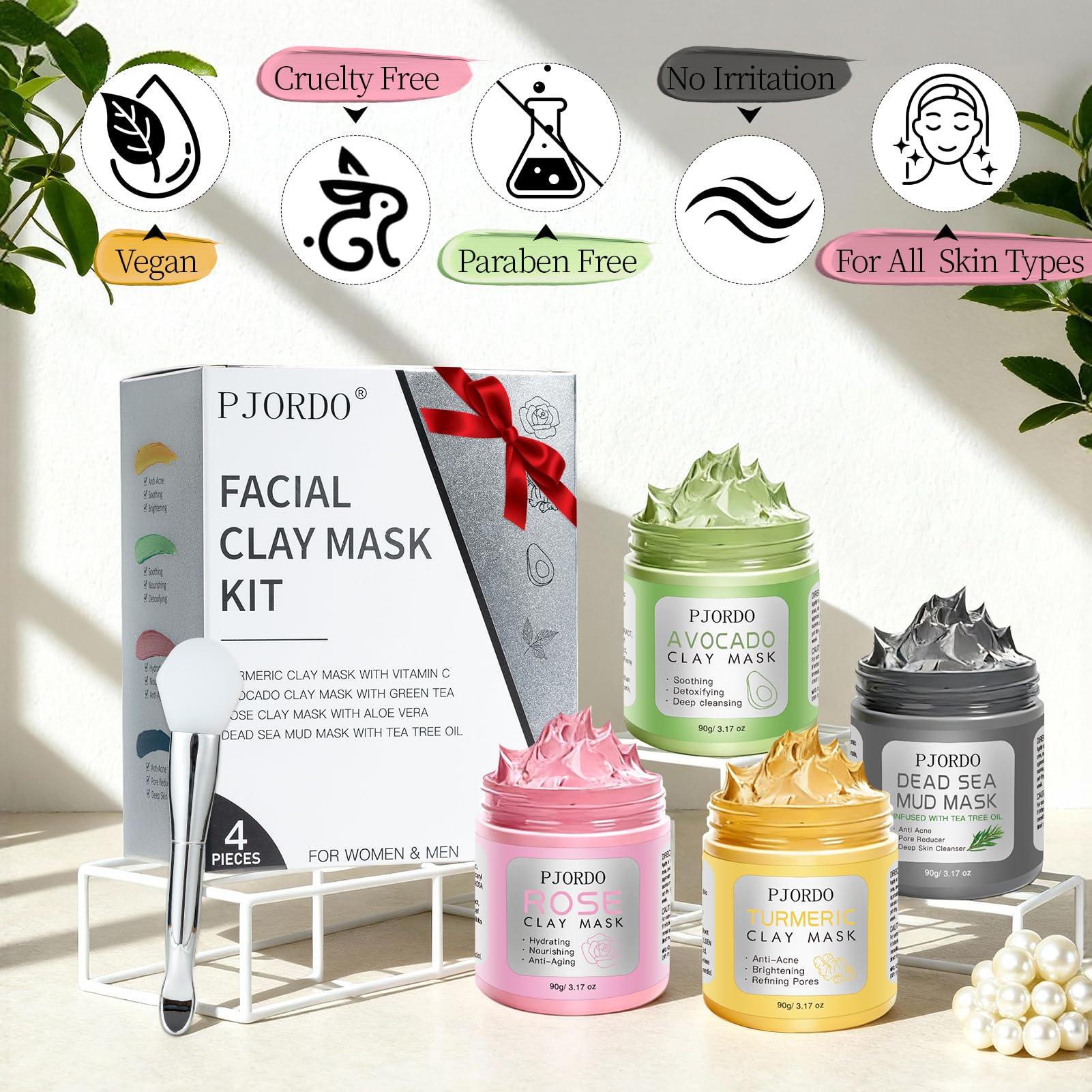 Pjordo 4 Pcs Clay Mask for Face(360g in Total), Turmeric Vitamin C, Dead Sea Mud, Green Tea Avocado, Rose, Face Masks Skincare for Pore Cleansing, Facial Masks for Women Skin Care, 3.17 Oz Each