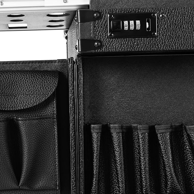 LXYIUTRW Bepritm Rolling Makeup Case, Large Retro Train Case Hairdressing Trolley with Universal Casters & Combination Lock, Travel Hair Tool Organizer for Barber, Beauty Stores, Nail Salons (Black)