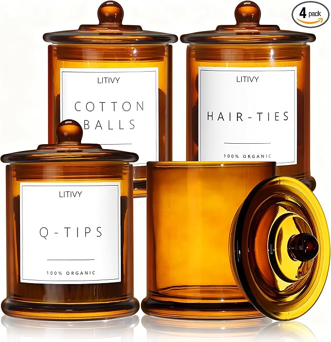 4 Pack Bathroom Organizers and Storage - 16 Oz Glass Qtip Holder & Cotton Pad Dispenser with Lid, Apothecary Jars for Home, Room Decor, Kitchen Organizer (Amber)