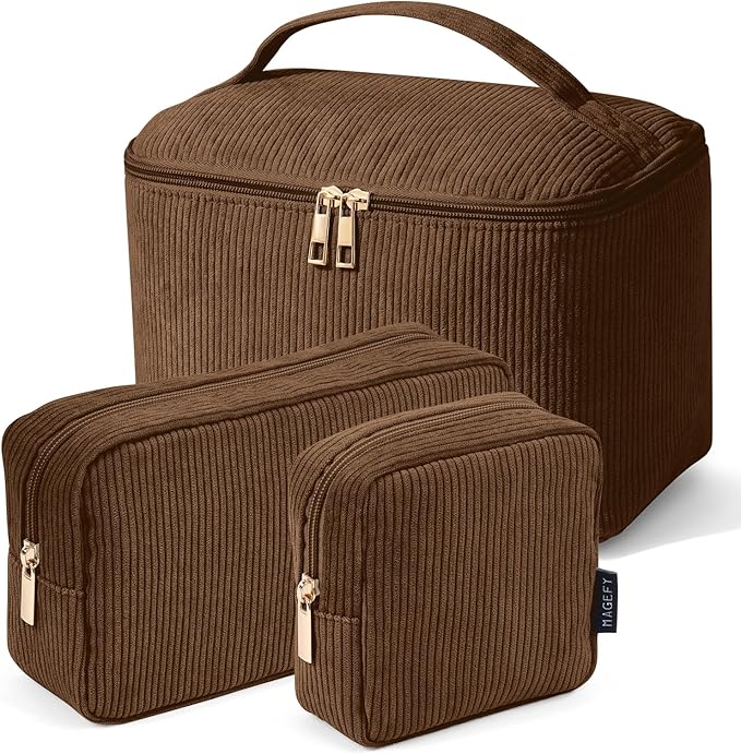 MAGEFY Makeup Bag, 3 Pcs Cosmetics Bag Large Capacity with Handle Make Up Bag for purse Corduroy Bag Pouch for Purse Organizer Bag-Brown