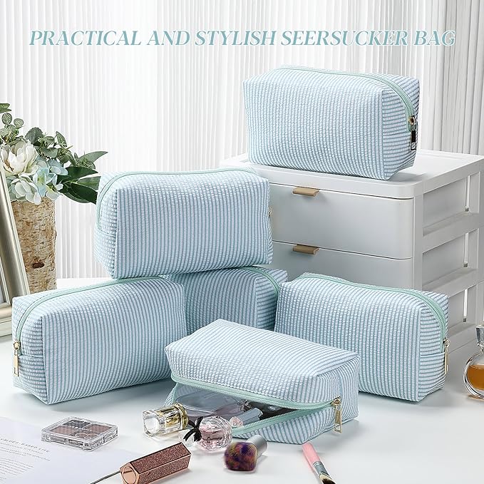 Sanwuta 6 Pcs Seersucker Cosmetic Bags Bulk Seersucker Makeup Bags Stripe Women Pouch Large Preppy Storage Pouch Toiletry Travel for Wedding Bridesmaid Bride Favor Back to Teacher Gift (Lake Blue)