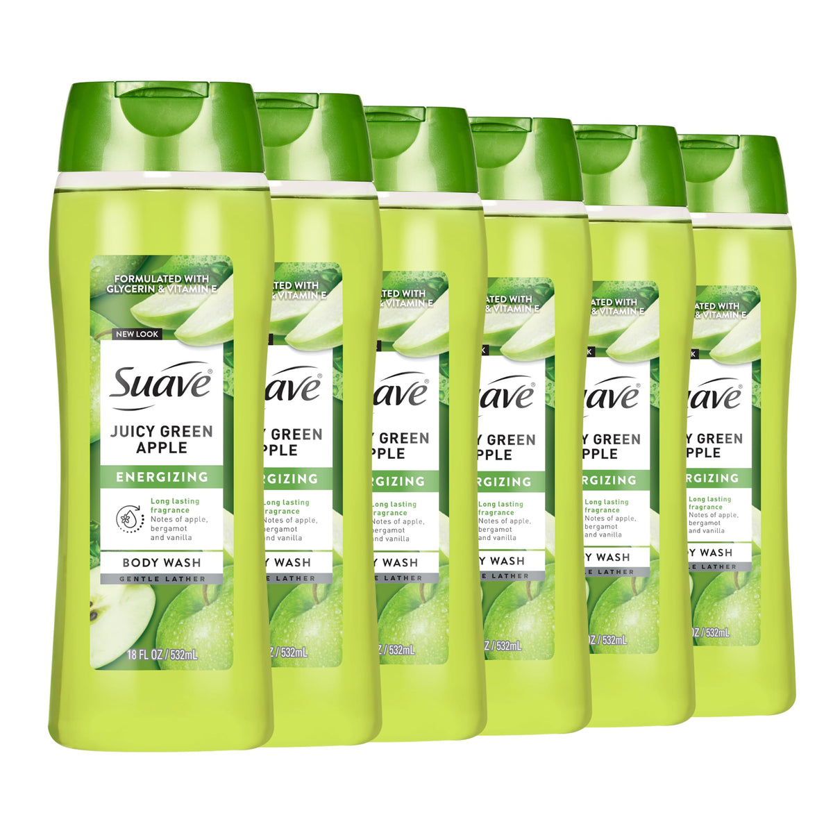 Suave Moisturizing Body Wash, with Juicy Apple and Vitamin E Extract, No Parabens, No Phtahaltes, 18 Oz Pack of 6