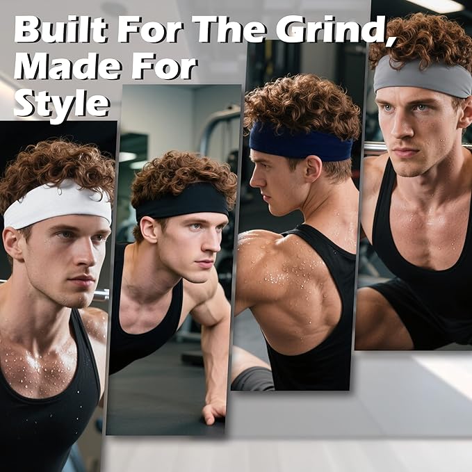 Sport Headbands for Men 6 Pack, Summer-Exclusive Lightweight Elastic Soft Fabric Non-Slip Men Hair Bands Hair Warp Running Cycling Sports Tennis Basketball Daily Workout