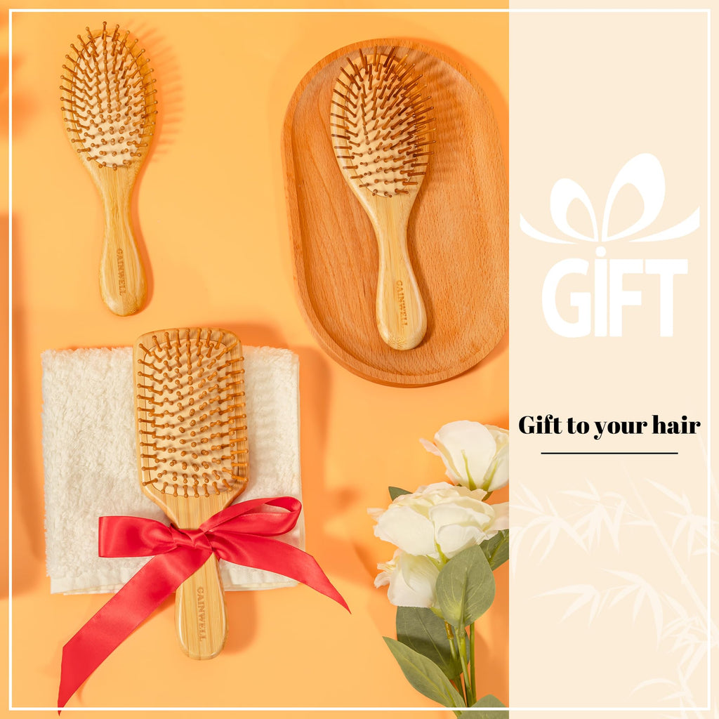 GAINWELL Bamboo Hair Brush for Hair Growth, Natural Bamboo Bristles Detangling Square Wooden Paddle Hairbrush for Massaging Scalp, for Women Men and Kids, for All Hair Types, with Ergonomic Handle