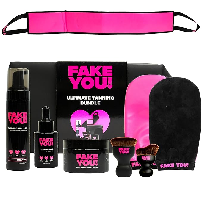 Fake You! All-in-One Ultimate Tanning Kit Bundle – Includes Tanning Mousse, Tanning Drops, Back Applicator, Exfoliating Mitt, and Fake Tan Gloves – Perfect for Seamless Self-Tanning