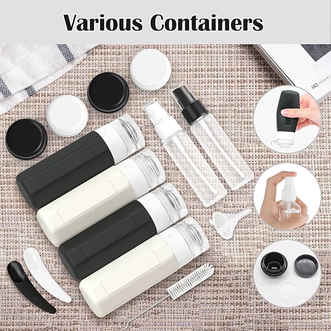 Redfly 17 Pack Travel Bottles for Toiletries, Tsa Approved 3oz Travel Size Containers, Leak Proof Travel Size Toiletries Bottles Silicone, BPA Free Refillable Shampoo Conditioners Kits, Black&White