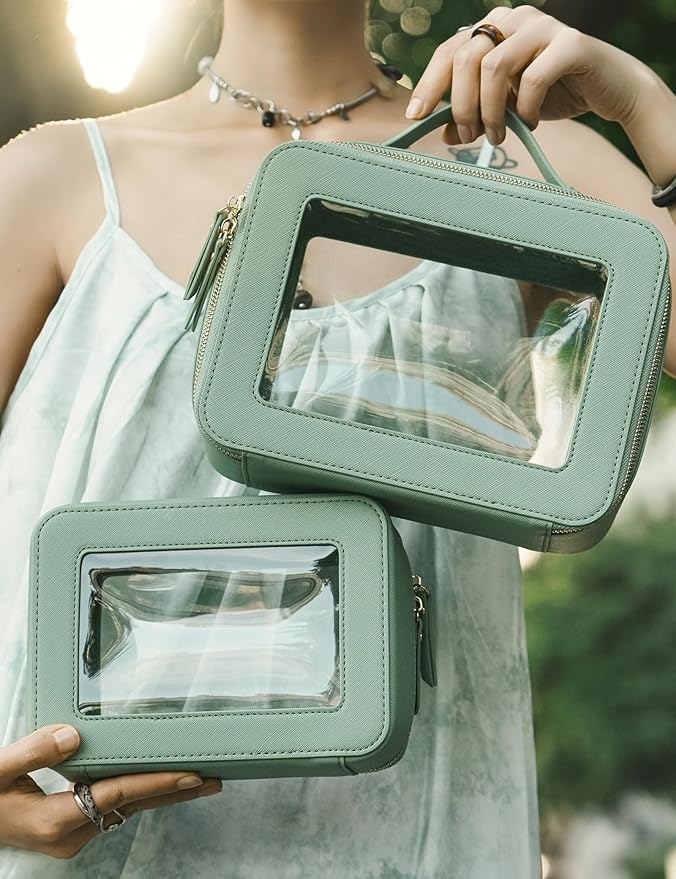 Popvibe Clear Makeup Bag Travel Cosmetic Case Transparent Toiletry Bag with Zipper, Portable Make Up Organizer Traveling Compact Car Bag for Essentials, Sage Green, Medium and Large