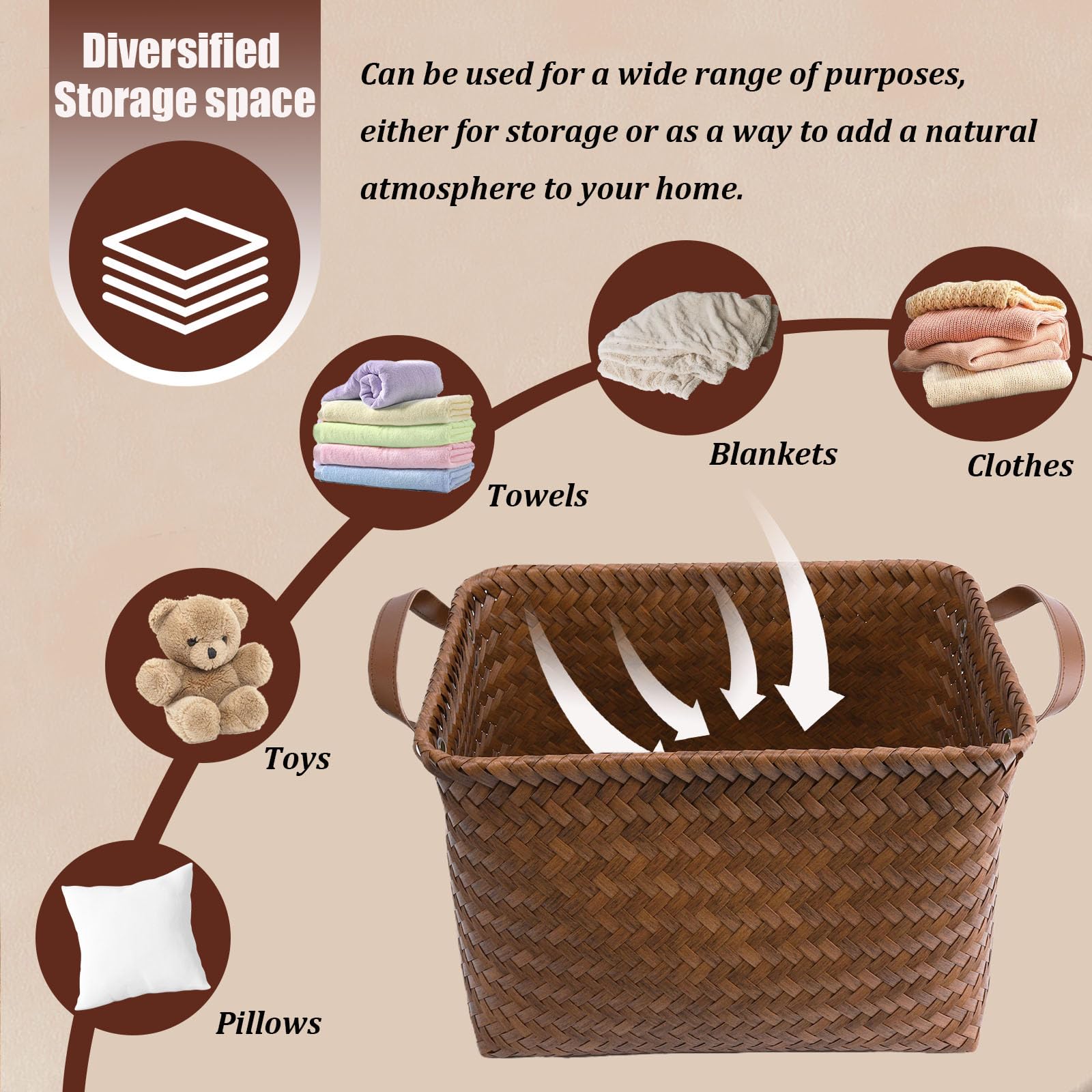 BROWNLILY Handwoven Clothes Basket Laundry Hampers Large Wicker Storage Baskets for Shelves Blankets Closet Storage Bins Car Bedroom Bathroom Organizers and Storage Bath (8, Brown)