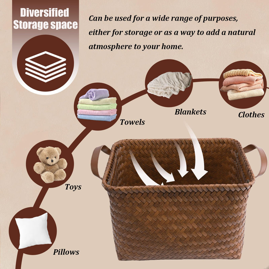 BROWNLILY Handwoven Clothes Basket Laundry Hampers Large Wicker Storage Baskets for Shelves Blankets Closet Storage Bins Car Bedroom Bathroom Organizers and Storage Bath (6, Brown)