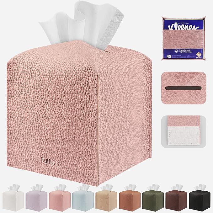 Tissue Box Cover Holder Square Tissue Cube Cover PU Leather Tissue Organizer with Bottom Belt for Bathroom, Tabletop, Car, Night Stands, Office, Home, Kitchen (1, PrettyPink)