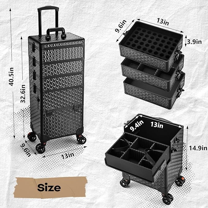 Yueieoun 5 in 1 Makeup Train Case, Cosmetology Case on Wheels Travel Make up Case Rolling Nail Cart Makeup Organizer Cosmetic Storage Box Cases Extra Large Trolley Truck with 360° Swivel Wheels, Black