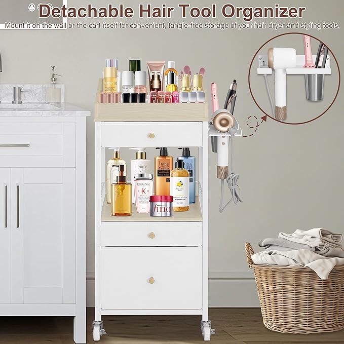 NauwaBarn Makeup Organizer Cart with 3 Drawers, Large Cosmetic Organizer with Detachable Hair Tool Holder, Makeup Cabinet Cosmetic Display Cases for Skin Care Perfume Nail Polish, White & Natural