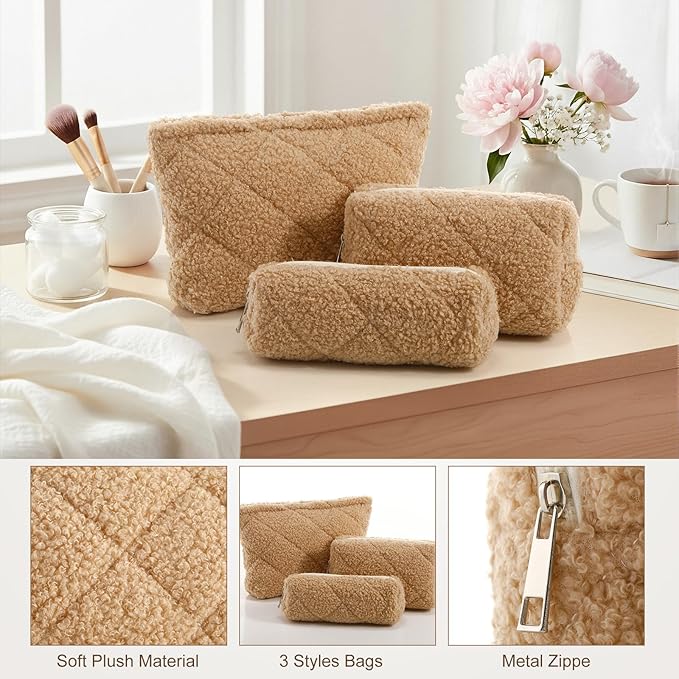 Paterr 3 Pcs Quilted Makeup Bag Set Back to School Favor Small Bridesmaid Cosmetic Bag Aesthetic Travel Pouch Cute Purse Pencil Case Makeup Storage Organizer for Women Birthday Gift(Fuzzy,Khaki)