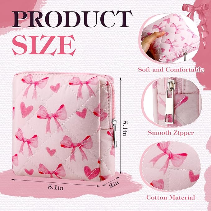 Paterr 4 Pcs Mini Quilted Makeup Bag Cute Pink Bow Cosmetic Bag Coquette Quilted Makeup Pouch with Zipper Cute Travel Toiletry Bags for Women Girls Back to School Teacher Students Gifts