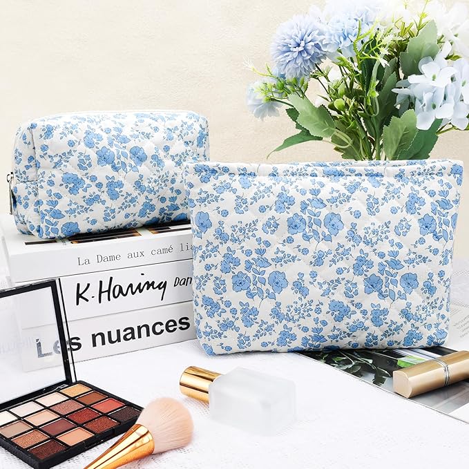 Lestp 2Pcs Small Makeup Bag Quilted Cosmetic Bag Flower Pencil Case Travel Makeup Bag Set for Women Cute Cosmetic Pouch Aesthetic Cotton Toiletry Organizer Storage Bags Puffy Zipper Pouch A