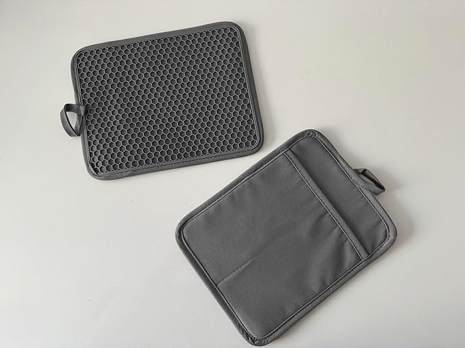 VEIKERY Oven Pot Holder with Pocket Cotton Heat Resistant Coaster Potholder Kitchen Hot Pad Oven Mitts for Cooking and Baking Square 7"x9" (Grey, Silicone)