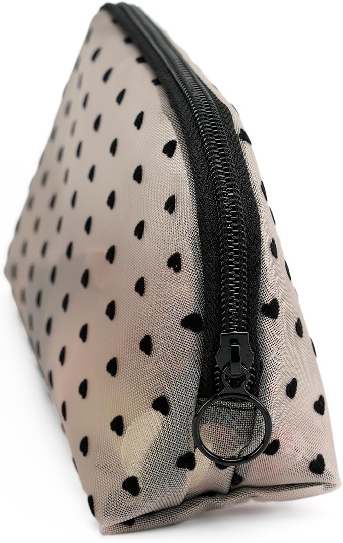 TOPASION Portable Mesh Makeup Bag with Zipper Small Travel Toiletry Bag Lightweight Cosmetic Pouch (Beige&Black Heart Half Round)