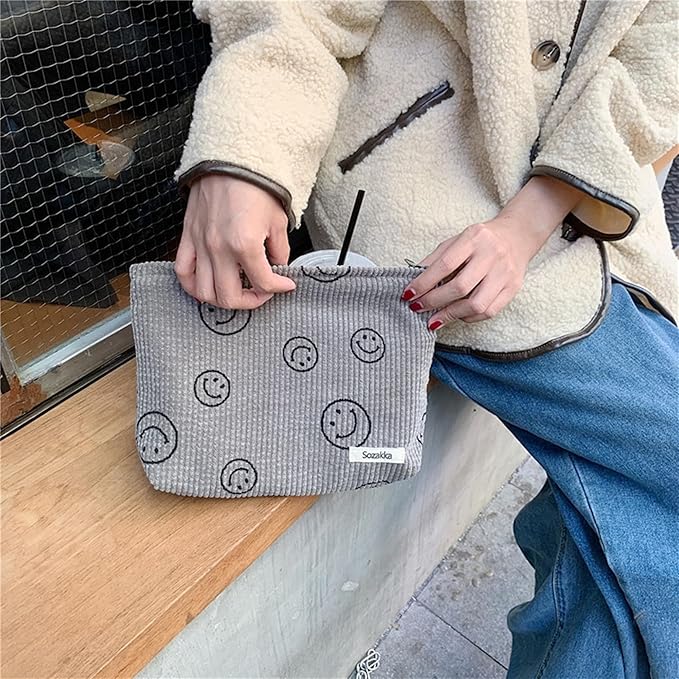 Gardsell Cosmetic Bags for Women - Corduroy Cosmetic Bag Aesthetic Women Handbags Purses Smile Dots Makeup Organizer Storage Makeup Bag Girls Case Bags (A-Gray)