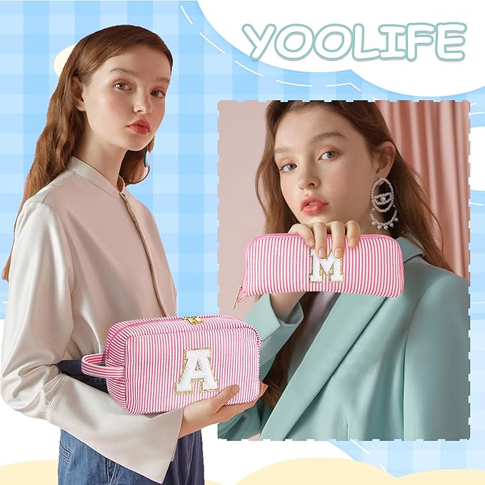 YOOLIFE Makeup Bag for Women Teen - Easter Gifts for Women Teens Girls Kid, Easter Basket Stuffers | Personalized Initial Makeup Bag, 8 9 10 11 12 13 14 15 Year Old Girl Birthday Gift for Her Pink K