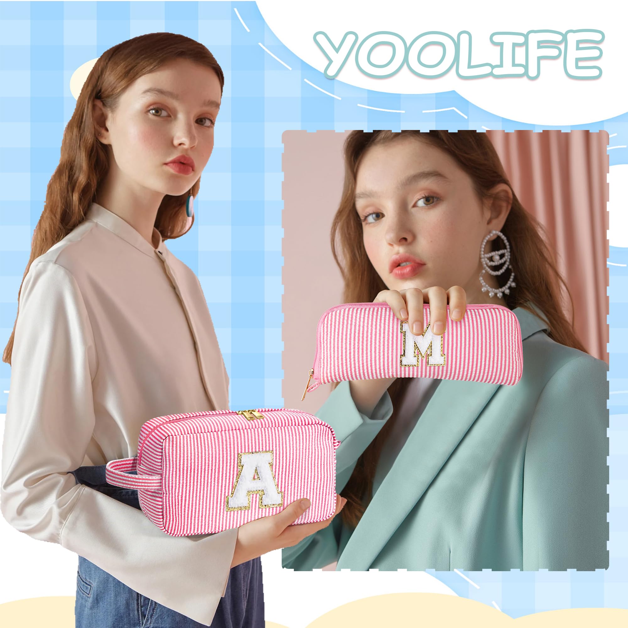 YOOLIFE Makeup Bag for Women Teen - Easter Gifts for Women Teens Girls Kid, Easter Basket Stuffers | Personalized Initial Makeup Bag, 8 9 10 11 12 13 14 15 Year Old Girl Birthday Gift for Her Pink K