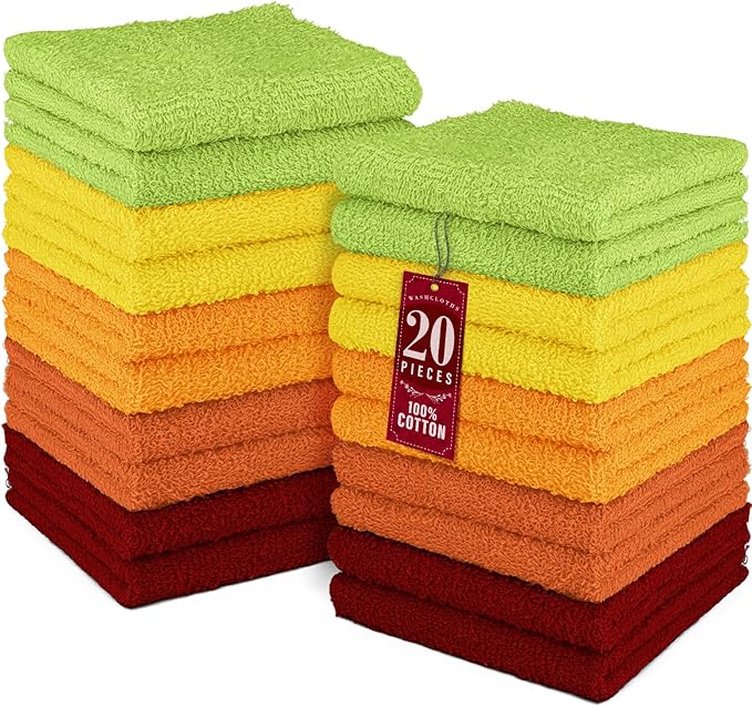 DecorRack 100% Cotton Washcloths 12x12 in, Assorted Set 2 (20 Pack)