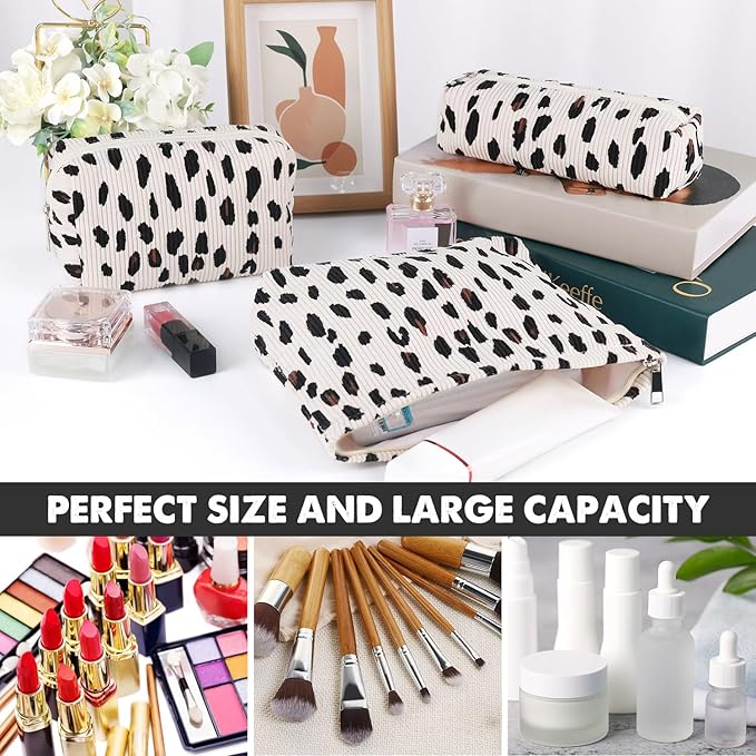 Gocvo 3 Pcs Makeup Bag Cosmetic Bag Set for Girls Women Travel Organizer Bathroom Toiletry Pouch Large Capacity Storage Bag (Leopard Beige)
