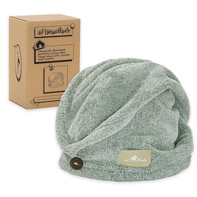myHomeBody Hair Towel Wrap, Quick Drying Turban, Absorbent Cap – Green