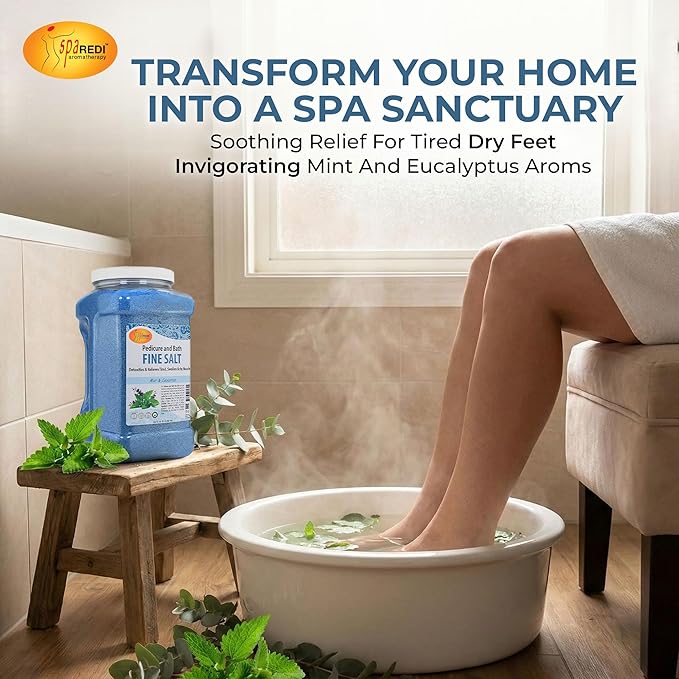 SPA REDI - Detox Foot Soak Pedicure and Bath Fine Salt, Mint and Eucalyptus, 128 Oz - Made with Dead Sea Salts, Argan Oil, Coconut Oil, and Essential Oil - Hydrates, Softens & Moisturizes Pkg May Vary