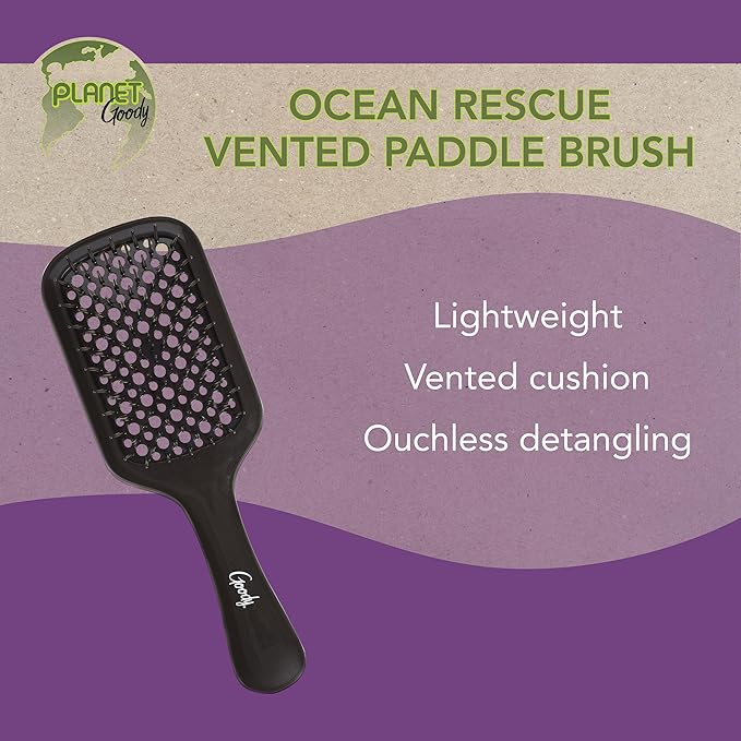 Planet Goody Ocean Rescue Vented Paddle Brush – Black Detangling Brush for All Hair Types, Flexible Bristles, Ouchless Design, Speeds Up Drying, Ideal for Wet or Dry Hair & Styling