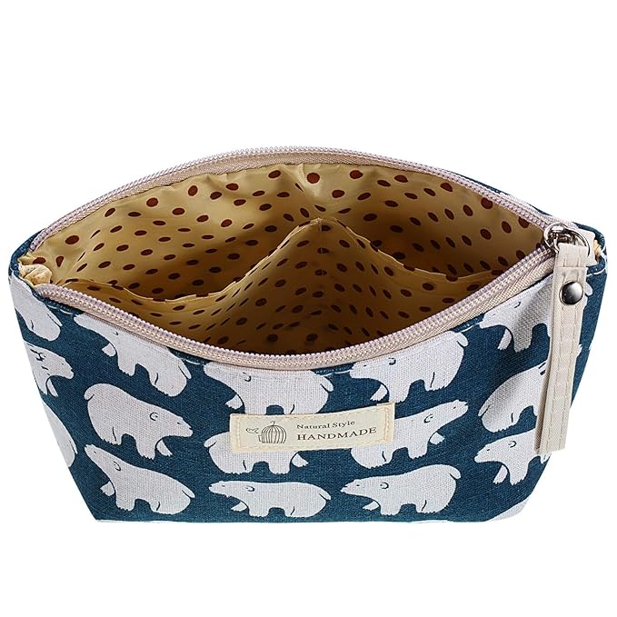 Boao 4 Pcs Canvas Cosmetic Pouches for Purse Makeup Bags Set Small with Zipper Cute Multi Functional Toiletry Travel Organizer for Back to School Women Gift, 4 Styles(Small,Whale, Bear, Tree, Leave)