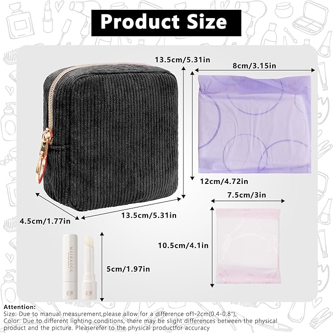 Period Bag for Girls, Corduroy Sanitary Napkin Storage Bag, Period Pouch & Tampon Holder, Feminine Care Organizer（Black）
