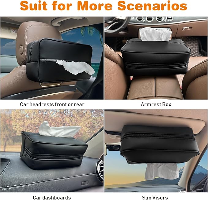 Large Car Tissue Holder for 120 Standard Tissues, Premium PU Leather Tissue Holder in Car Backseat Rectangular, Napkin Holder for Car Fits for Kleenex Tissues Box Daily Use Black