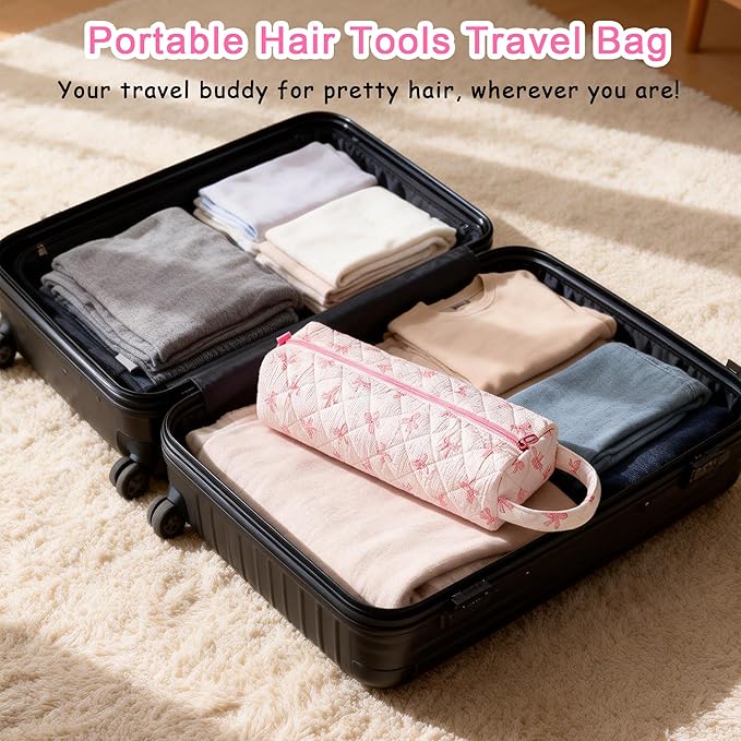 Hair Tool Bag, Quilted Hair Tools Travel Bag, Cute Large Hair Styling Tool Storage Case with Small Pouch, Compatible with Shark Flex Dyson Airwrap Hair Dryer Curling Iron, Cherry