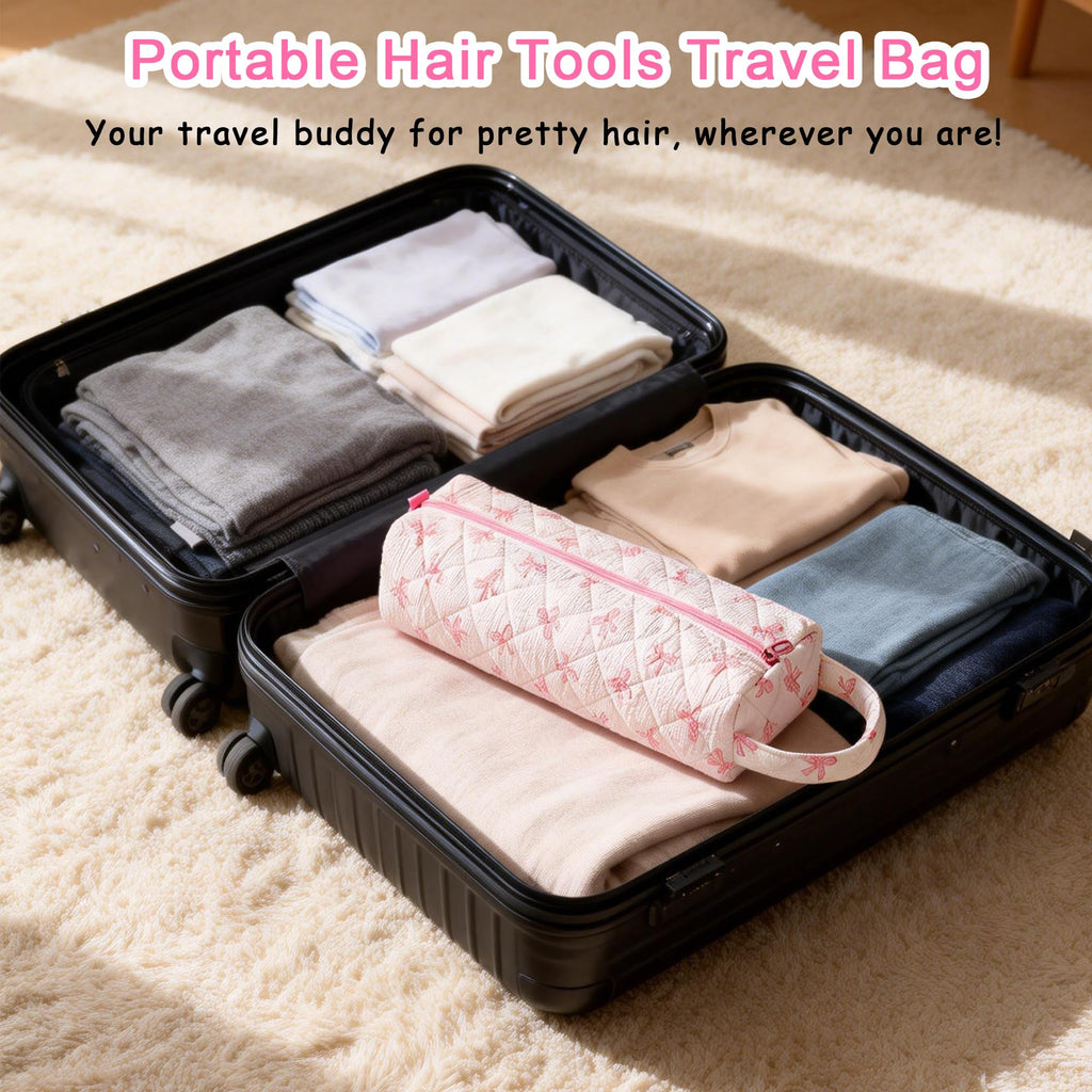 Hair Tool Bag, Quilted Hair Tools Travel Bag, Cute Large Hair Styling Tool Storage Case with Small Pouch, Compatible with Shark Flex Dyson Airwrap Hair Dryer Curling Iron, Cherry