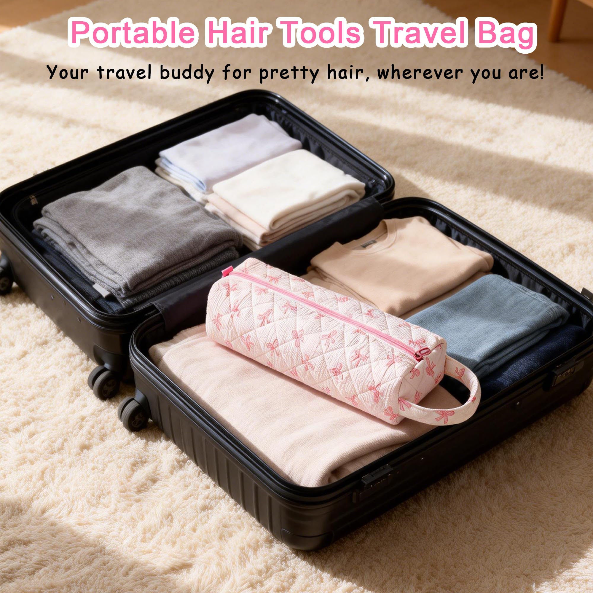 Hair Tool Bag, Quilted Hair Tools Travel Bag, Cute Large Hair Styling Tool Storage Case with Small Pouch, Compatible with Shark Flex Dyson Airwrap Hair Dryer Curling Iron, Cherry