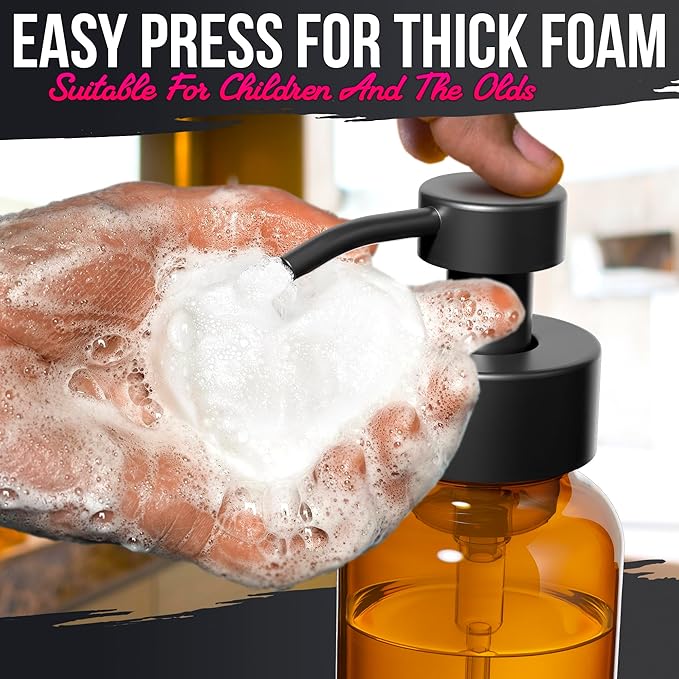 2 Pcs Amber Glass Foaming Soap Dispenser - 8.5 Oz Refillable Glass Foaming Hand Soap Dispenser, Non-Slip Bottom, 6 Moisture-Resistant Labels - Elegant Pump Bottles for Bathroom & Kitchen Counter Decor