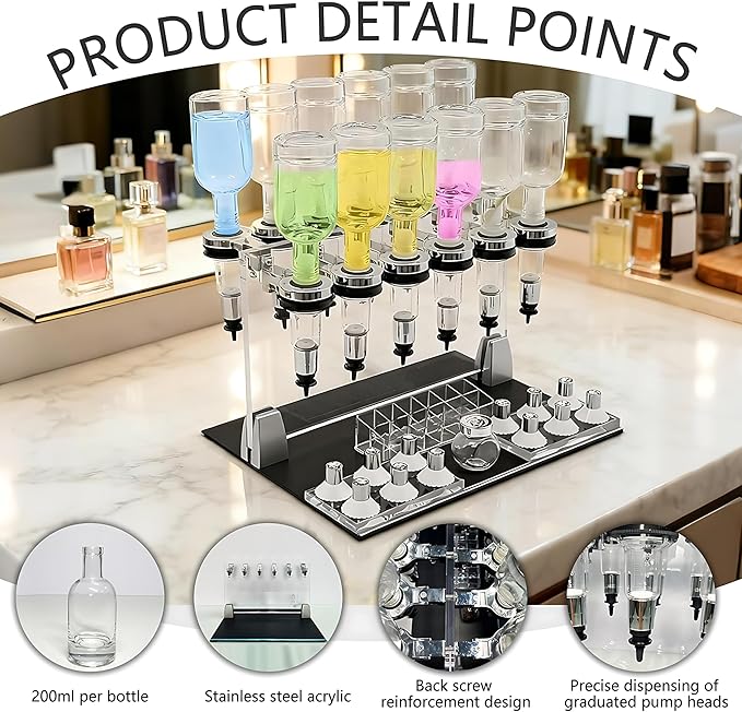 QIUNAOZI Liquid Filling Machine Transfer Tools, 12 Pump Heads,Testing Cups, 200ml Glass Perfume Bottles, Flow Adjustable, Suitable for Liquid Colognes/Perfume Samples
