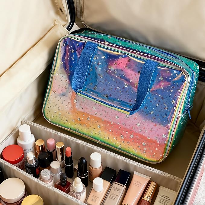TotePrint Holographic Blue Clear Star Large Cosmetic Bag and TPU Travel Pouch with Handle,Durable Material,Zipper Design-Ideal for Makeup,Travel Essentials (Holographic Blue+Star)