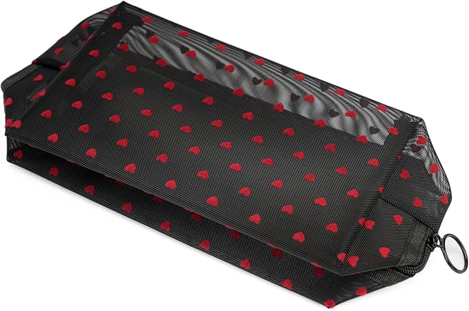TOPASION Portable Mesh Makeup Bag with Zipper Small Travel Toiletry Bag Lightweight Cosmetic Pouch (Black Square Red Heart)