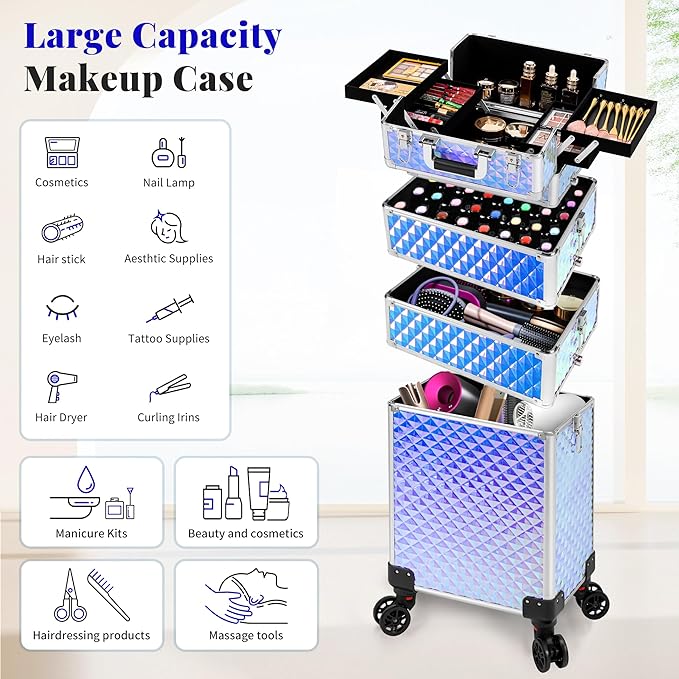 AROUS Rolling Train Makeup Case Cosmetology Case on Wheels, Colorful