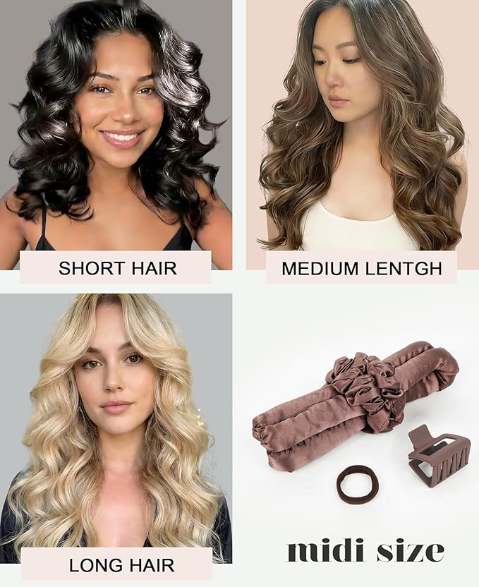 Small Heatless Curls Overnight Hair Curlers Ro324242um Hair to Sleep in, No Heat Curls Overnight Blowout Flexi Rods, Satin Heatless Curlers Curling Set for Fine Thin Hair - Brown