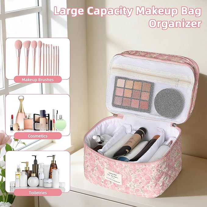 Gosect Makeup Bag, Portable Travel Make up Bag, Large Capacity Quilted Cosmetic Organizer Bag, Cute Floral Toiletry Bag for Women Girls (Pink Floral)