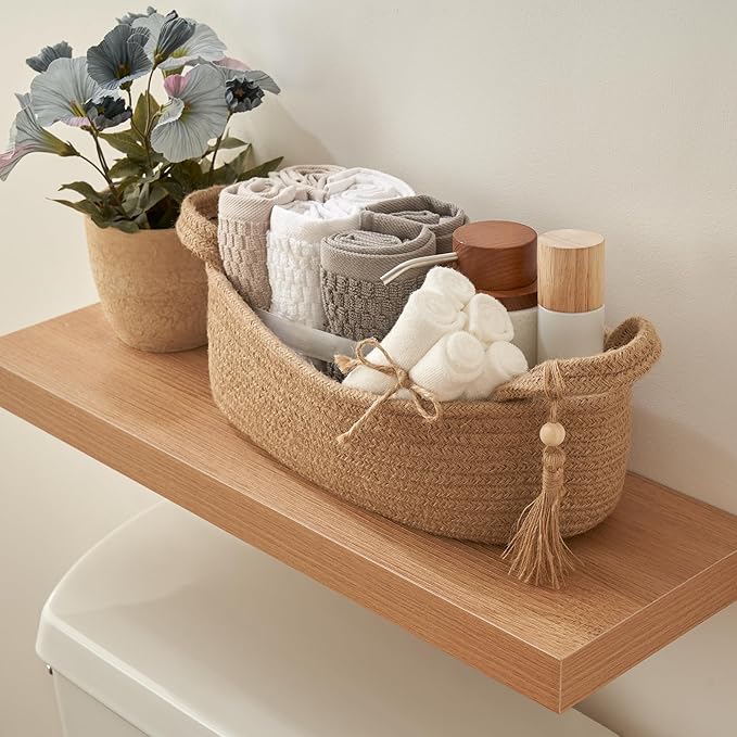 Decorative Toilet Paper Basket – Beautiful Bathroom Organizer for Toilet Tank Storage Decor – Boho Jute Cotton Rope Bin with Tassel for Bathroom Accessories and as Shelf Decor