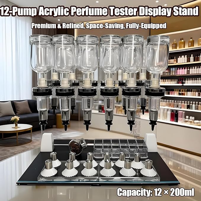 Hrxllb Professional Manual Perfume Dispenser, Liquid Filling Machine Transfer Tools,Manual Dispenser Set, Adjustable Pump Heads & Testing Cups for Shops & Lab & Bars(12Heads)