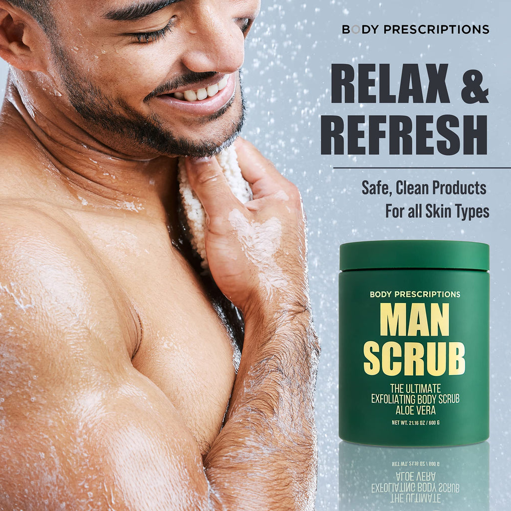 Body Prescriptions Men’s Exfoliating Body Scrub – Ultimate Skin Cleansing Wash in Jar with Twist-Top Lid, For All Skin Types, 21 Ounce (Pack of 2), Aloe Vera