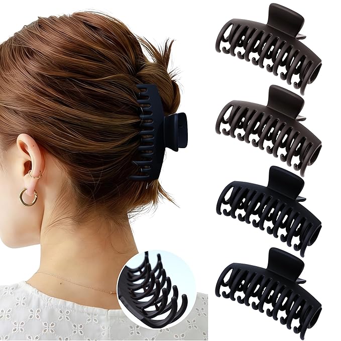 Mesovor 4 Pack Double Row Teeth Hair Claw Clips, 3.5" Large Strong Hold Matte Hair Clips for Thin and Short Fine Hair Accessories (2pcs Black, 2pcs Dark Brown)