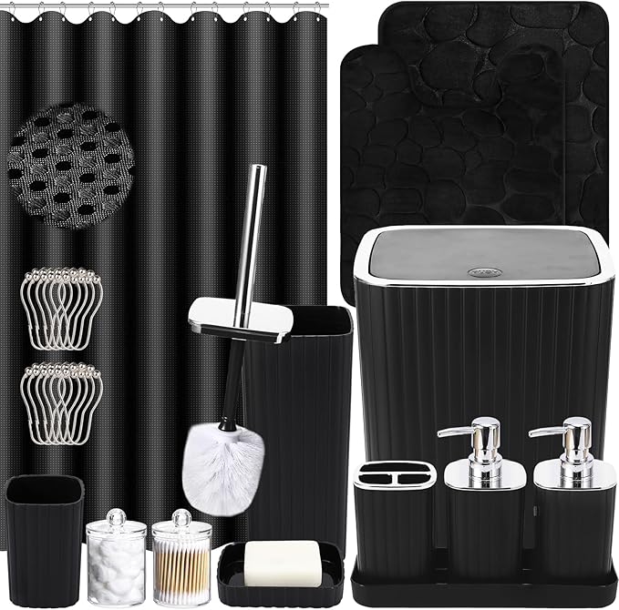 XLHOMO Bathroom Accessory Set - 25PC Green Bathroom Sets, Bathroom Set with Shower Curtain and Rugs, Dark Green Shower Curtain Set, Trash Can, Qtip Holder & Soap Dispenser
