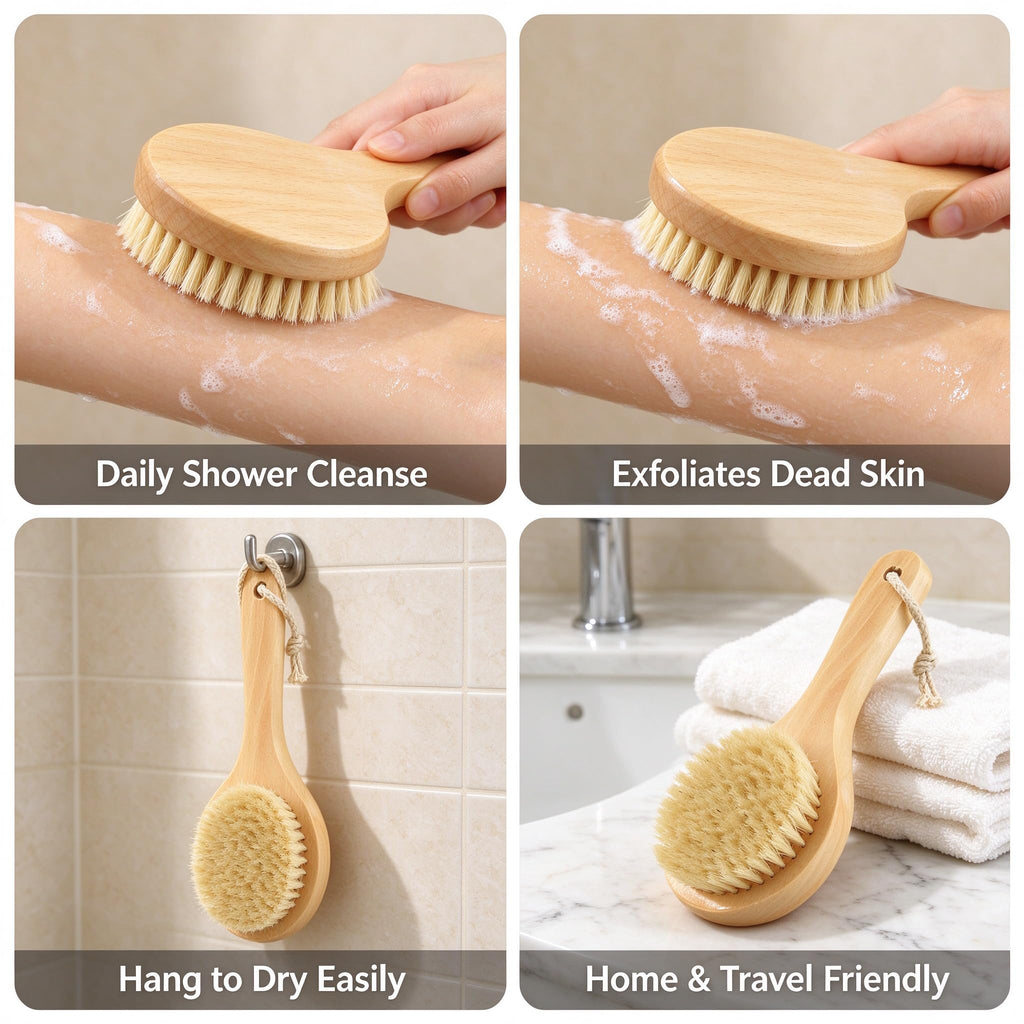 Short Handle Body Brush, Natural Bristles Wooden Bath Brush Shoulder Back Exfoliating Dry Brushing Skin Care