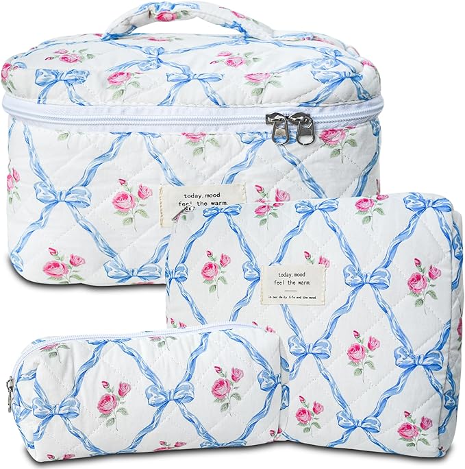 GISMTR 3Pcs Cotton Quilted Makeup Bag Large Travel Cosmetic Bag Coquette Makeup Pouch Cute Aesthetic Floral Toiletry Bag for Women Girls (flower-Q)