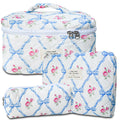 GISMTR 3Pcs Cotton Quilted Makeup Bag Large Travel Cosmetic Bag Coquette Makeup Pouch Cute Aesthetic Floral Toiletry Bag for Women Girls (flower-Q)